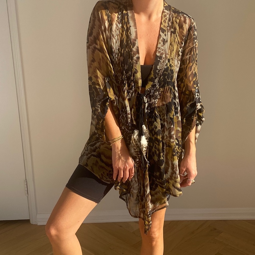 Elizabeth & James leopard Silk Top with Feathers